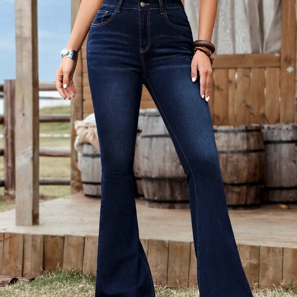 Dark Wash Casual Women's Washed Skinny Flare Leg Jeans - Picture 5 of 6